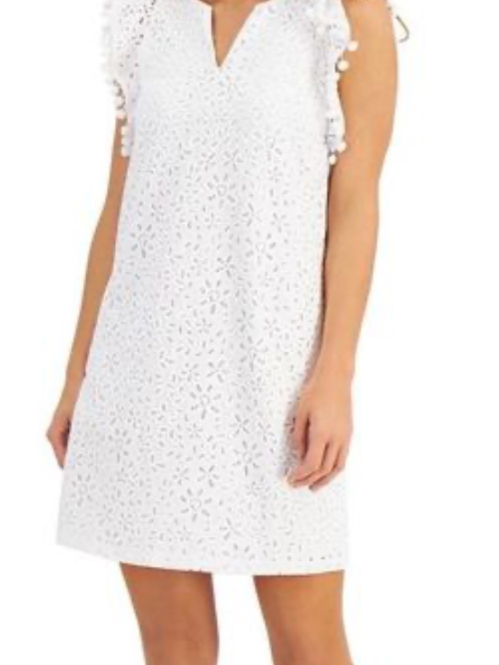 Charter Club White Eyelet Sleeveless Shift with Pom Trim